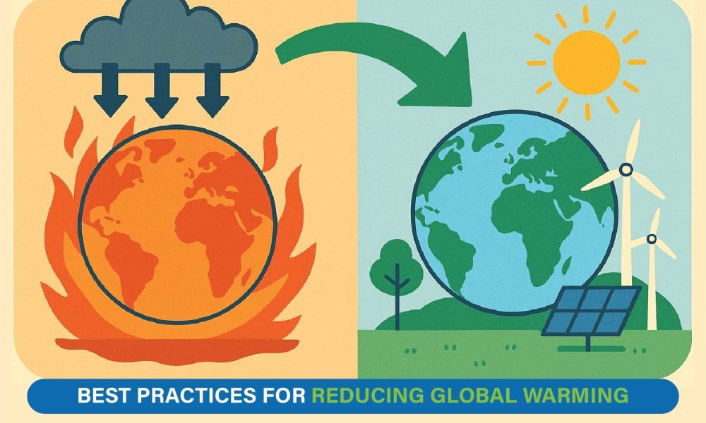 Solar panels and wind turbines promoting clean energy as practical solutions to reduce global warming