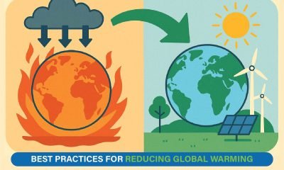 Solar panels and wind turbines promoting clean energy as practical solutions to reduce global warming