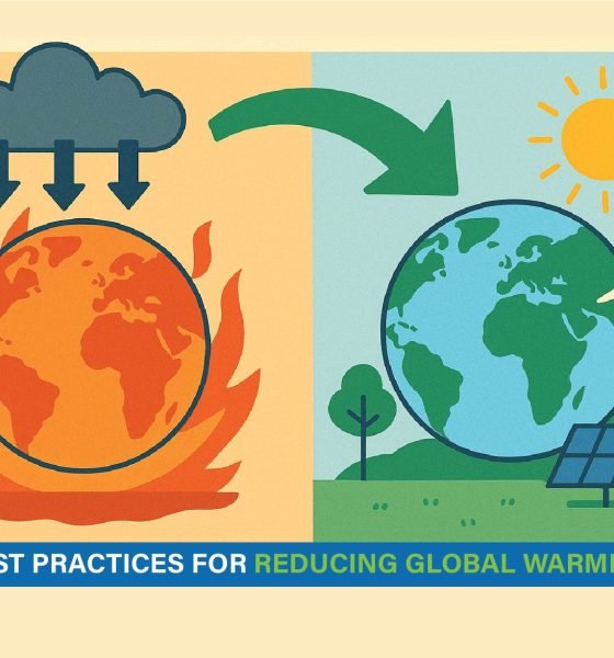 Solar panels and wind turbines promoting clean energy as practical solutions to reduce global warming