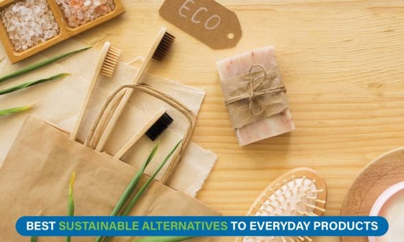 Eco-friendly swaps like bamboo toothbrush, steel bottle, and cloth bag replacing single-use products