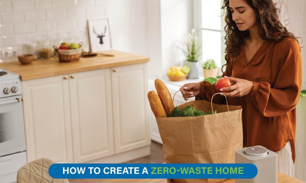 Reusable jars, cloth towels, and compost bin showing simple zero-waste home practices