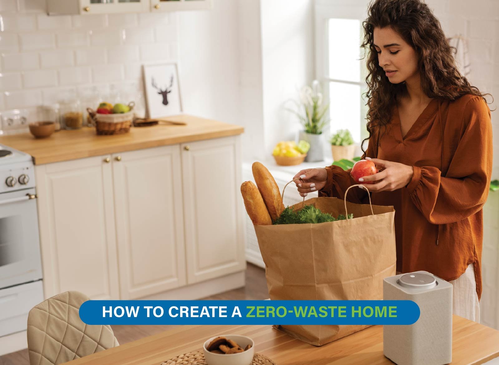 Reusable jars, cloth towels, and compost bin showing simple zero-waste home practices