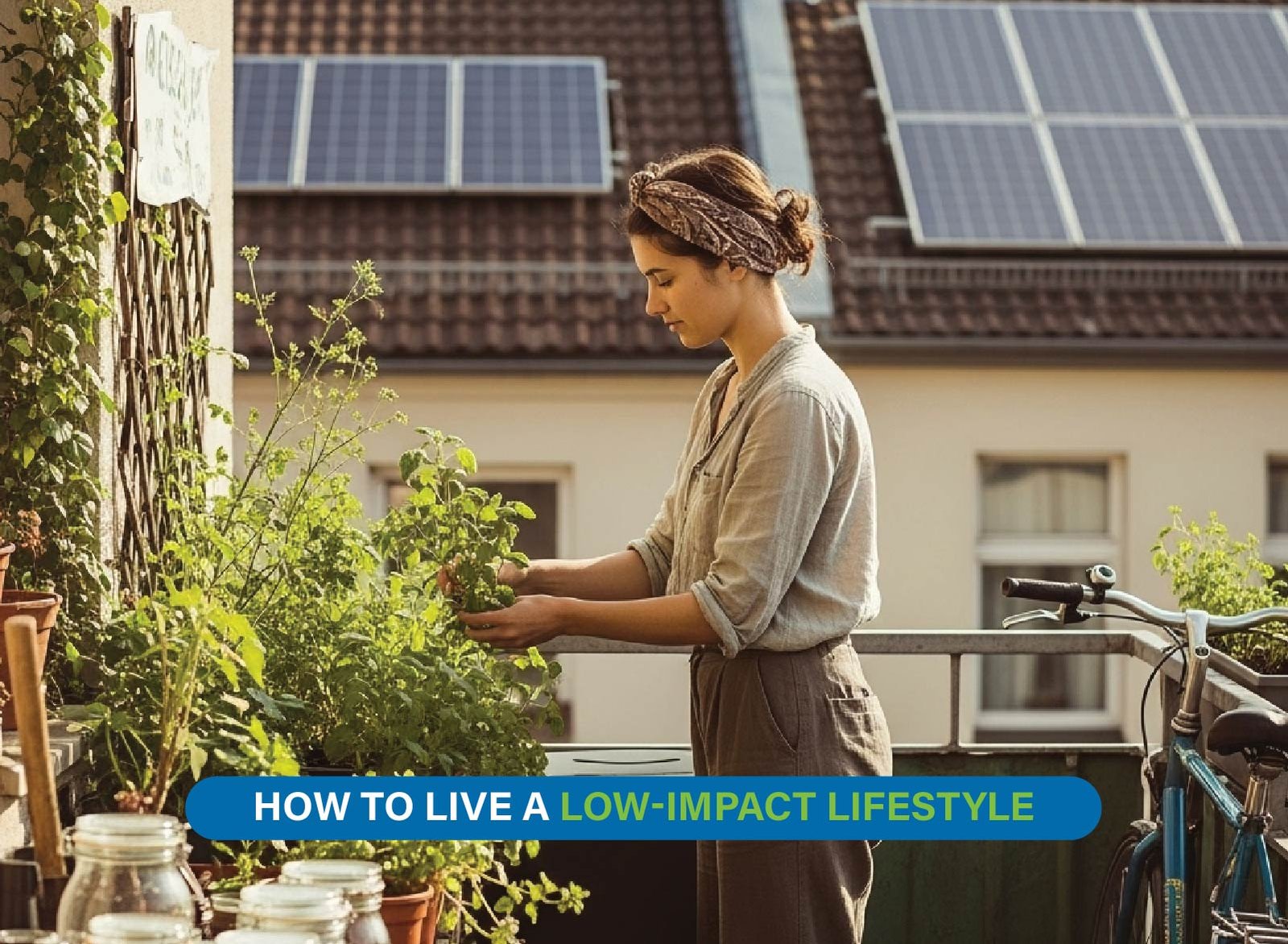 Eco-friendly home with LED bulbs, reusable bags, and compost bin promoting sustainable living