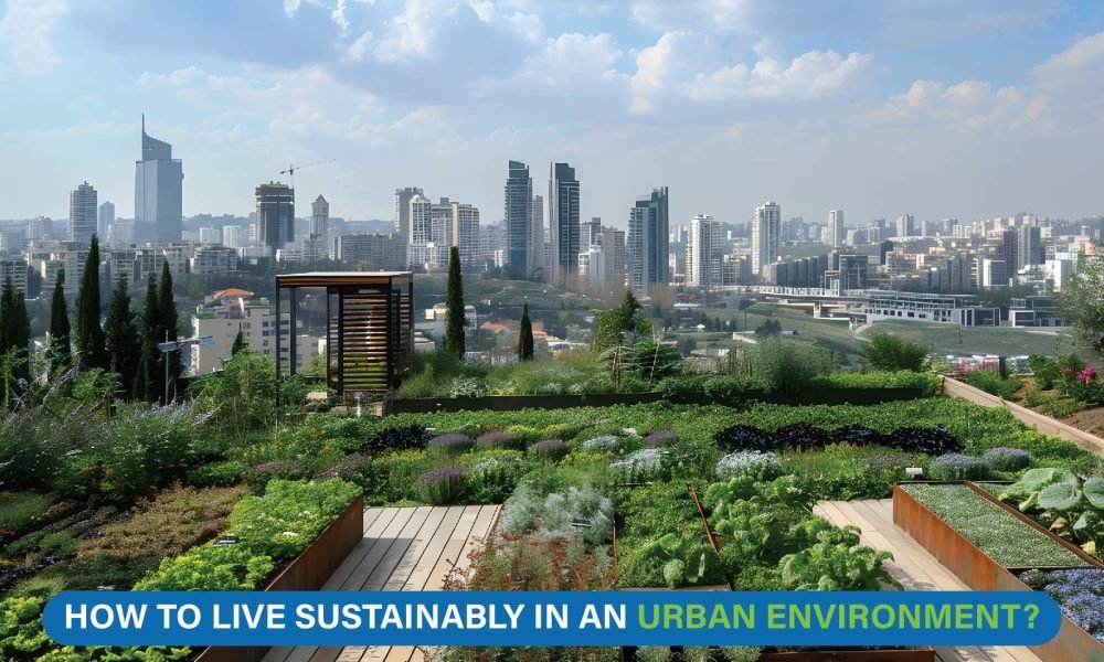Person cycling on a green urban street promoting sustainable living, eco-friendly transport, and healthier city life