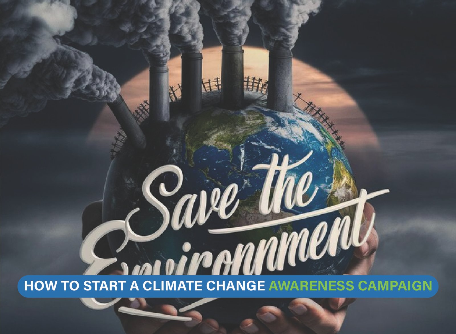 Community rally with banners promoting climate change awareness and sustainable action initiatives