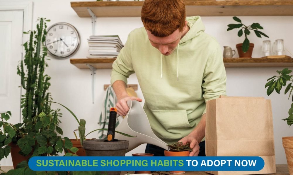 Shopper carrying reusable bags with eco-friendly products promoting sustainable shopping choices